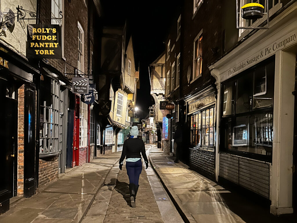 Laurie in The Shambles at night
